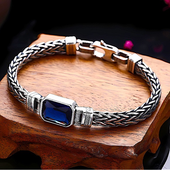 Sterling Silver Blue Zircon Braided Bracelet, Unisex, Handmade - Picture 6 of 15